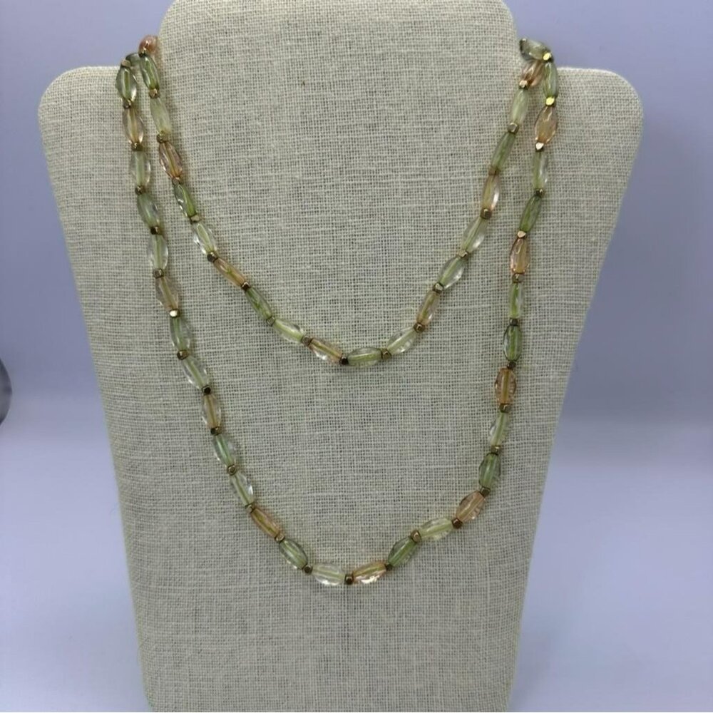 Lenox Iridescent Glass Beads Green Peach Clear Tones Gold Iridescent Necklace